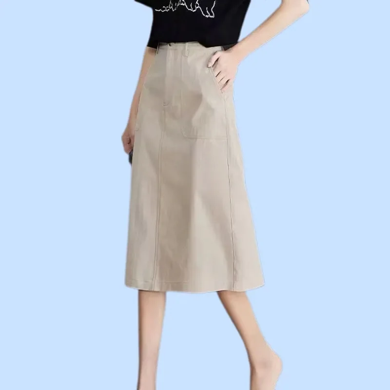 

Female Fashion Medium Length Patchwork Maxi Skirt Summer Women High Waist Half Length Skirt Ladies Solid Color A-line Long Skirt