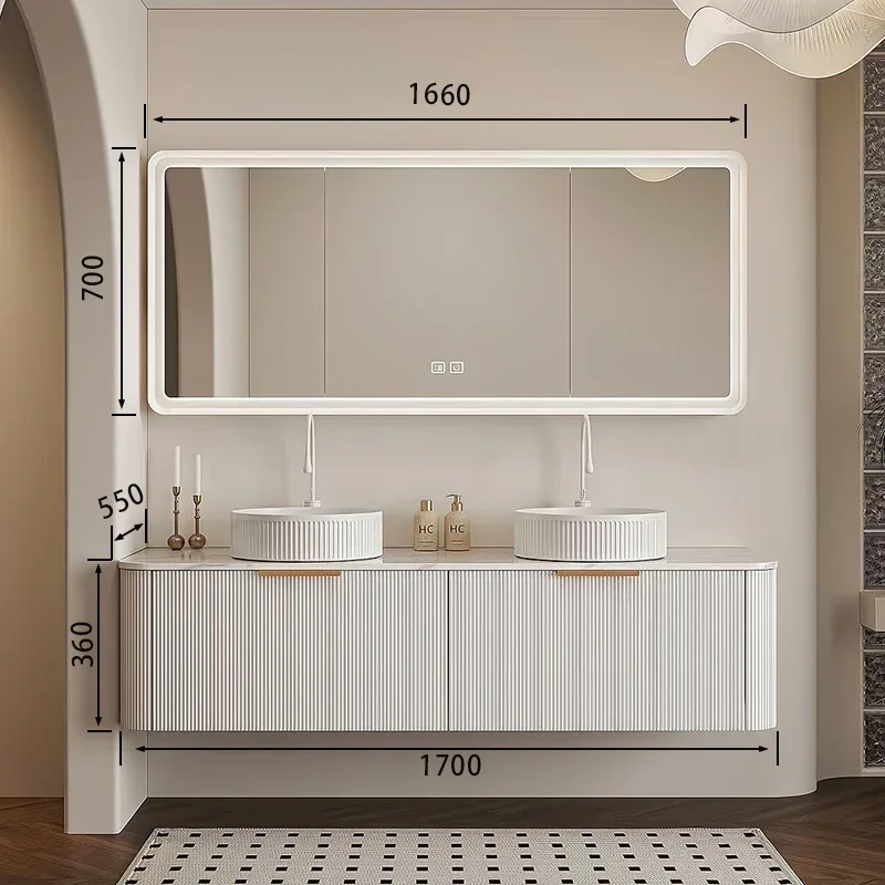 

French cream style milky white rock slab table basin oak combination bathroom double basin wash table advanced sense