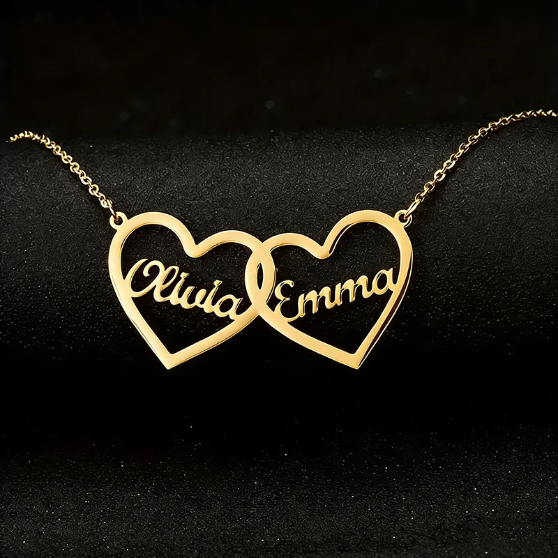 

Custom Double Hearts Two Name Necklaces For Women Men Stainless Steel Customized Necklace Pendant Personalized Neck Jewelry Gift