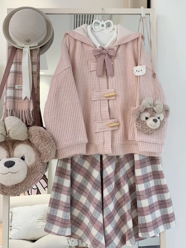 スイートガール 韓国風 秋冬 ボタンアップ カーディガン コート スカート セット ロングスリーブ キュート スタイル オールシーズン対応 ユニバーサルフィット