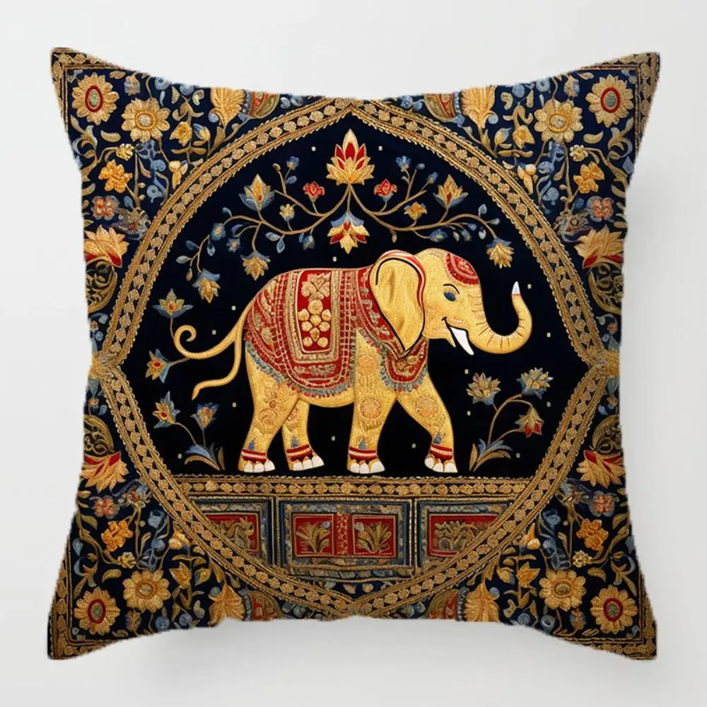 Bohemian Style Elephant Pillow Cover Floral Print Square Shape Elephant Cushion Cover Vintage Pattern Decorative Cushion Case