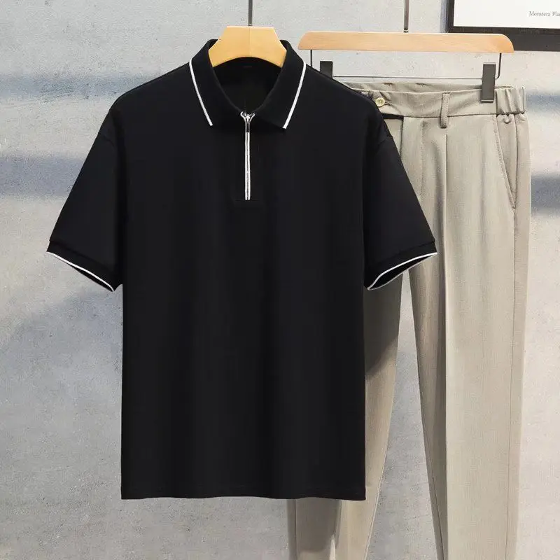

Men's Clothing New Arrival Trendy Zip-Up Short Sleeve Polo Shirt Summer Hong Kong & Japanese Style Collared Loose Fit Versatile