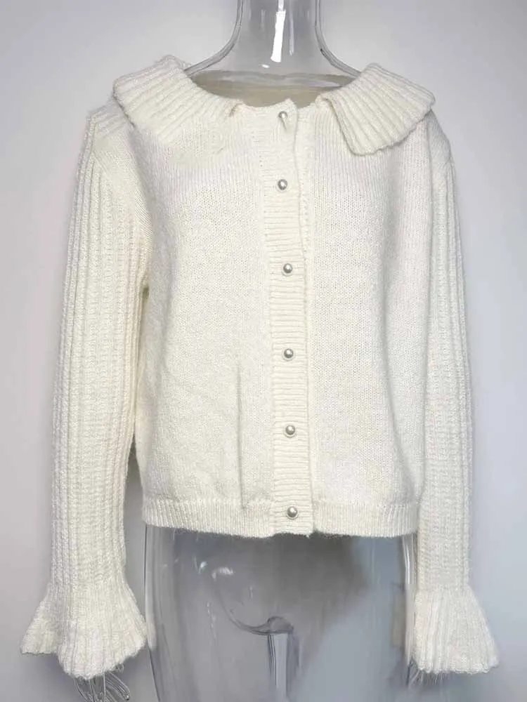 MCDV Słodki kardigan damski z dzianiny z kołnierzykiem Peter Pan, rozkloszowanymi rękawami, jednorzędowym zapięciem, luźnym krojem i krótkim krojem, sweter damski w stylu Y2k.