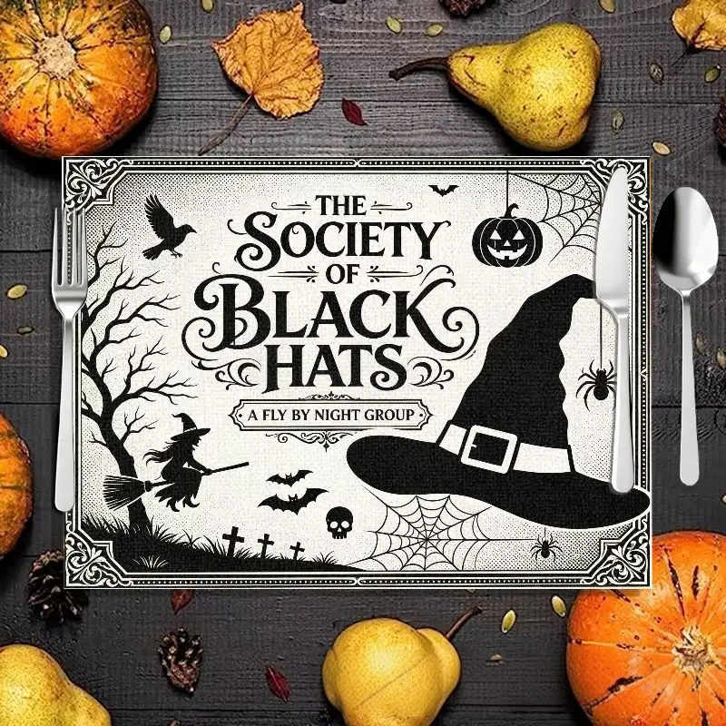 VIKAMA Witch Hat Society Halloween Placemat Crow Bat Spider Print Linen Table Mat Gothic Home Dinner Table Decor