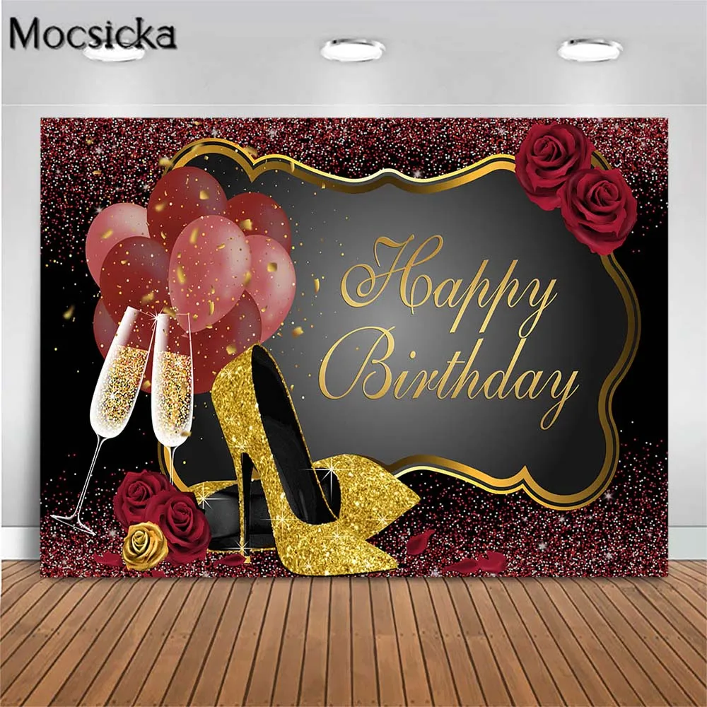 

Red Glitter Spots Women Birthday Backdrop Golden High Heel Birthday Party Decoration Photo Background Custom Poster Photo Shoot