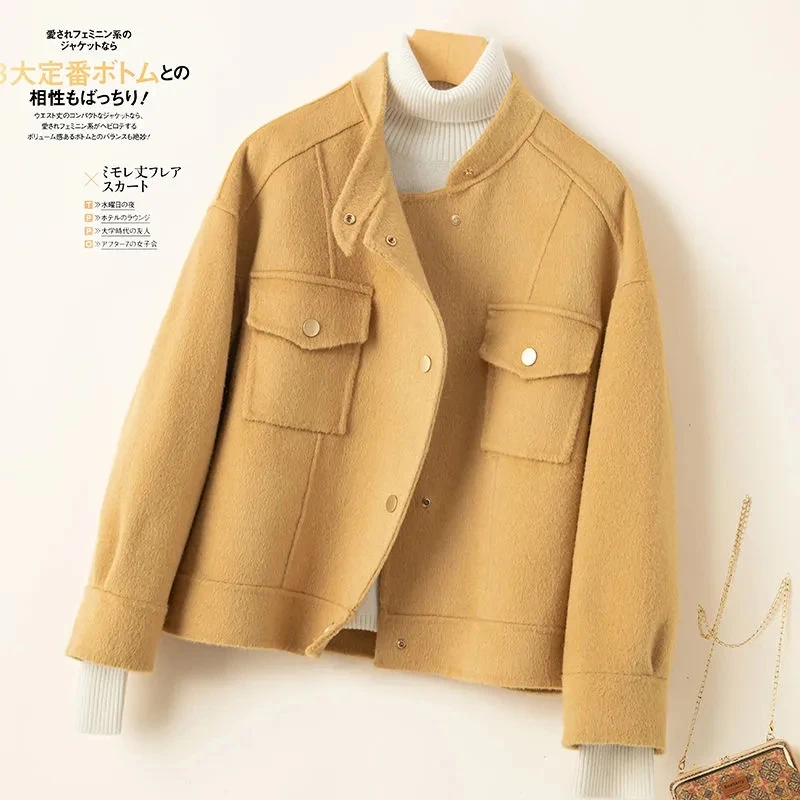 2023 Autumn Winter Coat Women Woolen Jacket Korean Single-Breasted Pocket Double-Sided Cashmere Short Beige Black Outwear Female