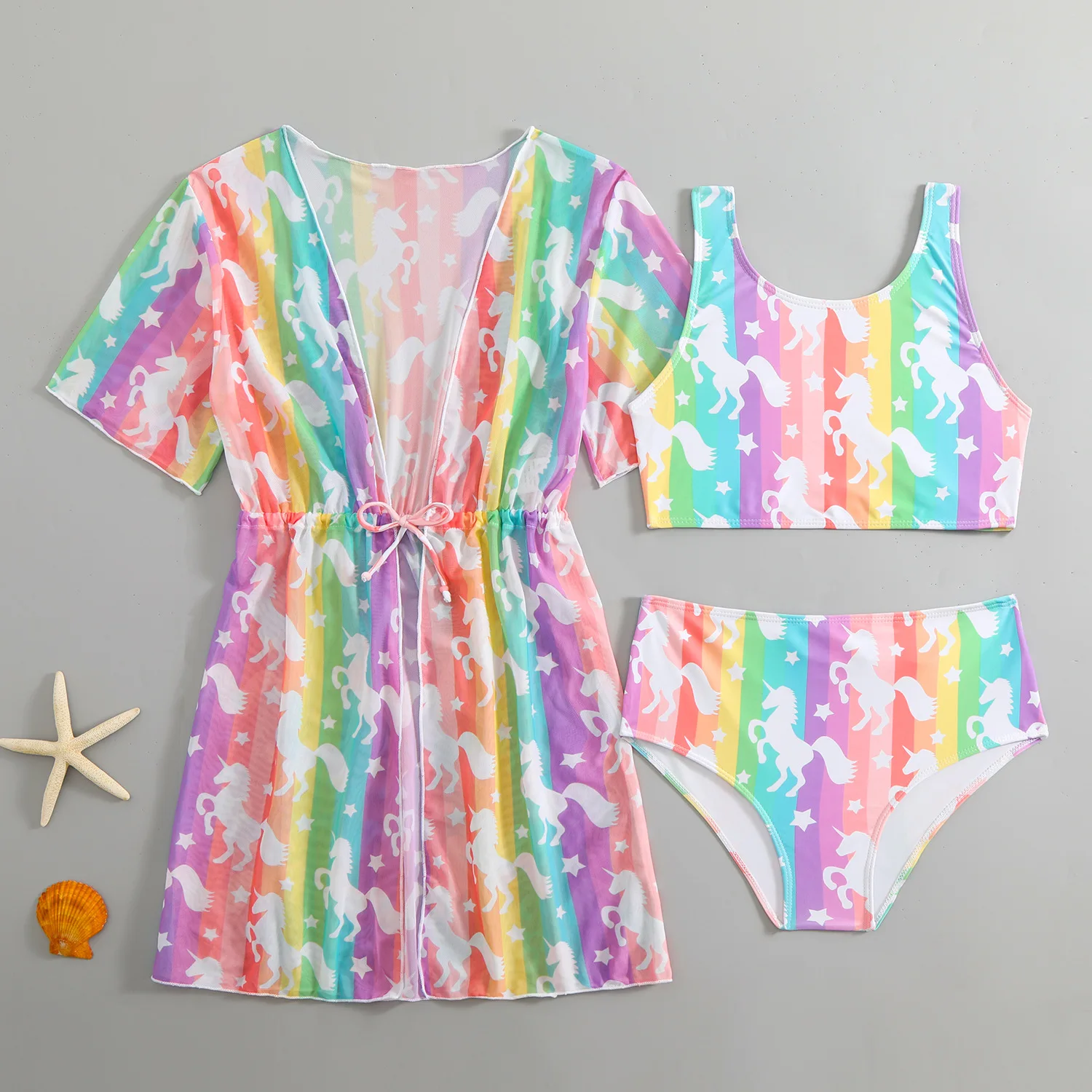 Girls 3 Piece Swimsuit Bikini Sets Hawaiian Cover Up Bikini Bathing Suit with Outer Net Fabric Coat for outdoor sandbeach view 6