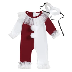 Little Girl Halloween Romper Contrast Color Plush Ball Long Sleeve Crew Neck Full Length Jumpsuit