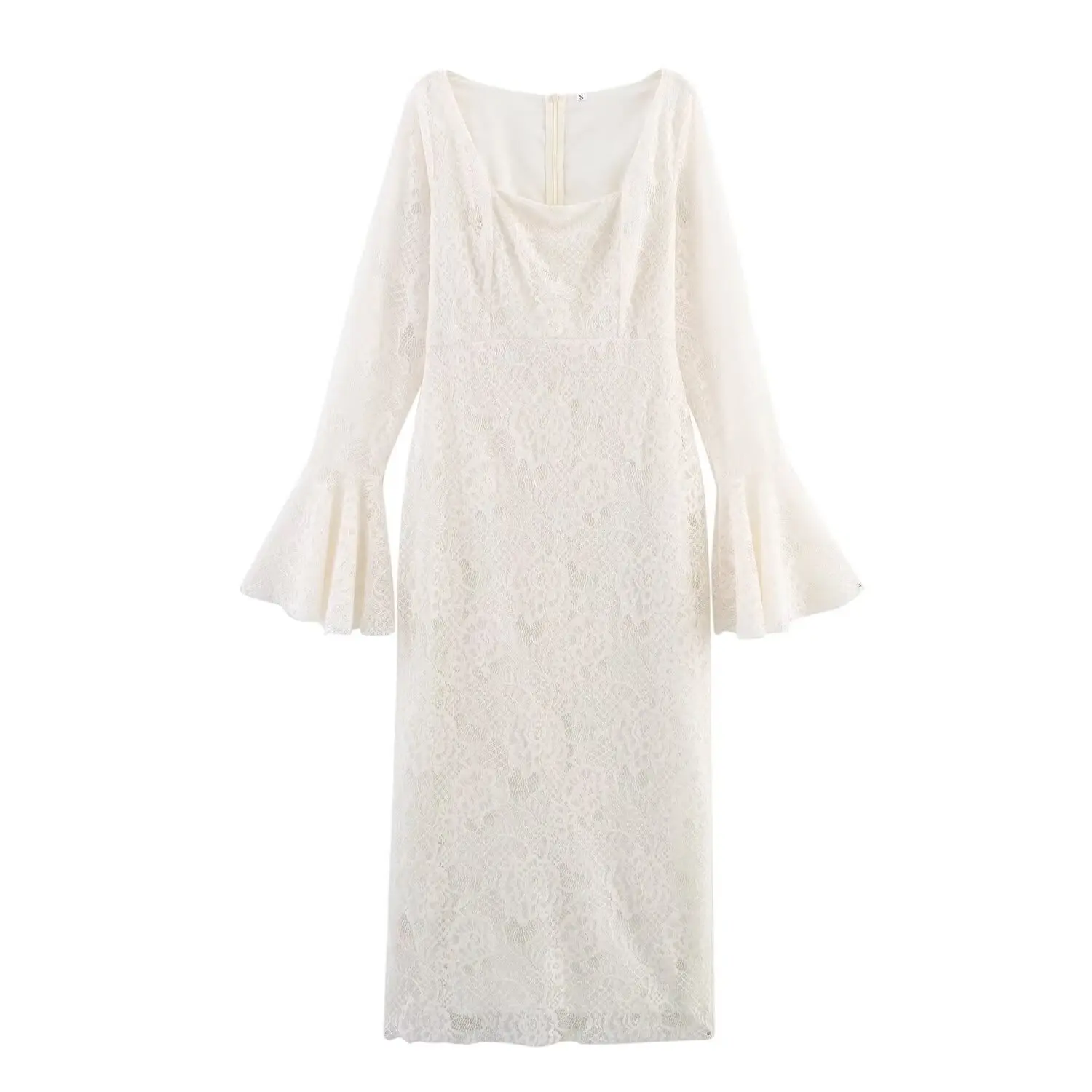 

2025 Spring Women's Lace Dress Elegant Square Neck Trumpet Sleeve Waisted Midi Dress