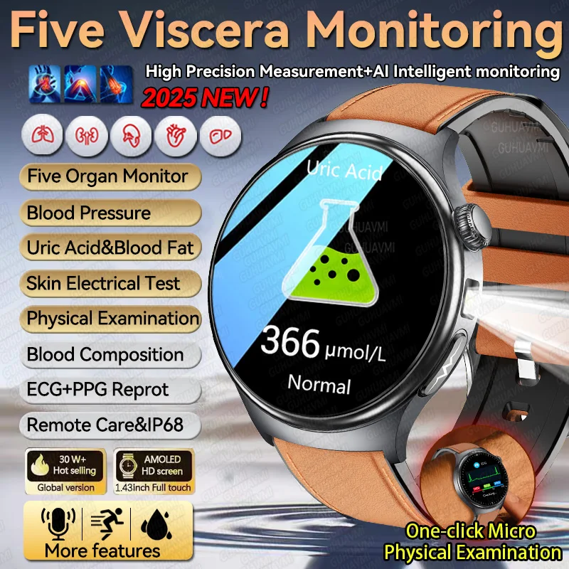 2025 Accurate Blood Lipid Uric Acid Smart Watch Men Women ECG+PPG Blood pressure BT Call Five Viscera Health Tracker Smartwatch