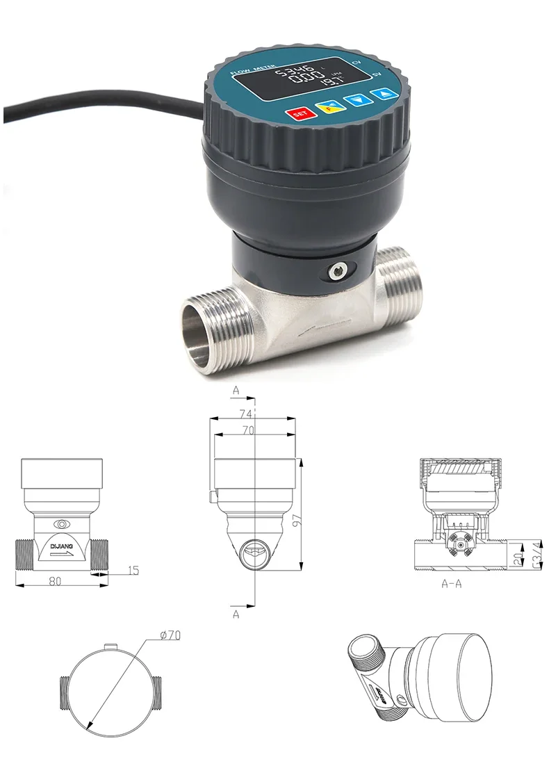 DN15 Smart Digital Display Flowmeter RS485 LCD Electronic Flowmeter 1/2" Stainless Steel Female Thread Flow Sensor