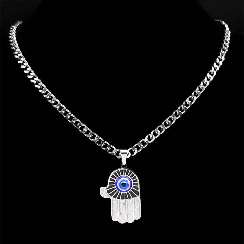 Hamsa Hand Turkish Evil Blue Eye Necklace for Women Men Islamic Stainless Steel Hands of Fatima Necklaces Jewelry Gift N6130S03