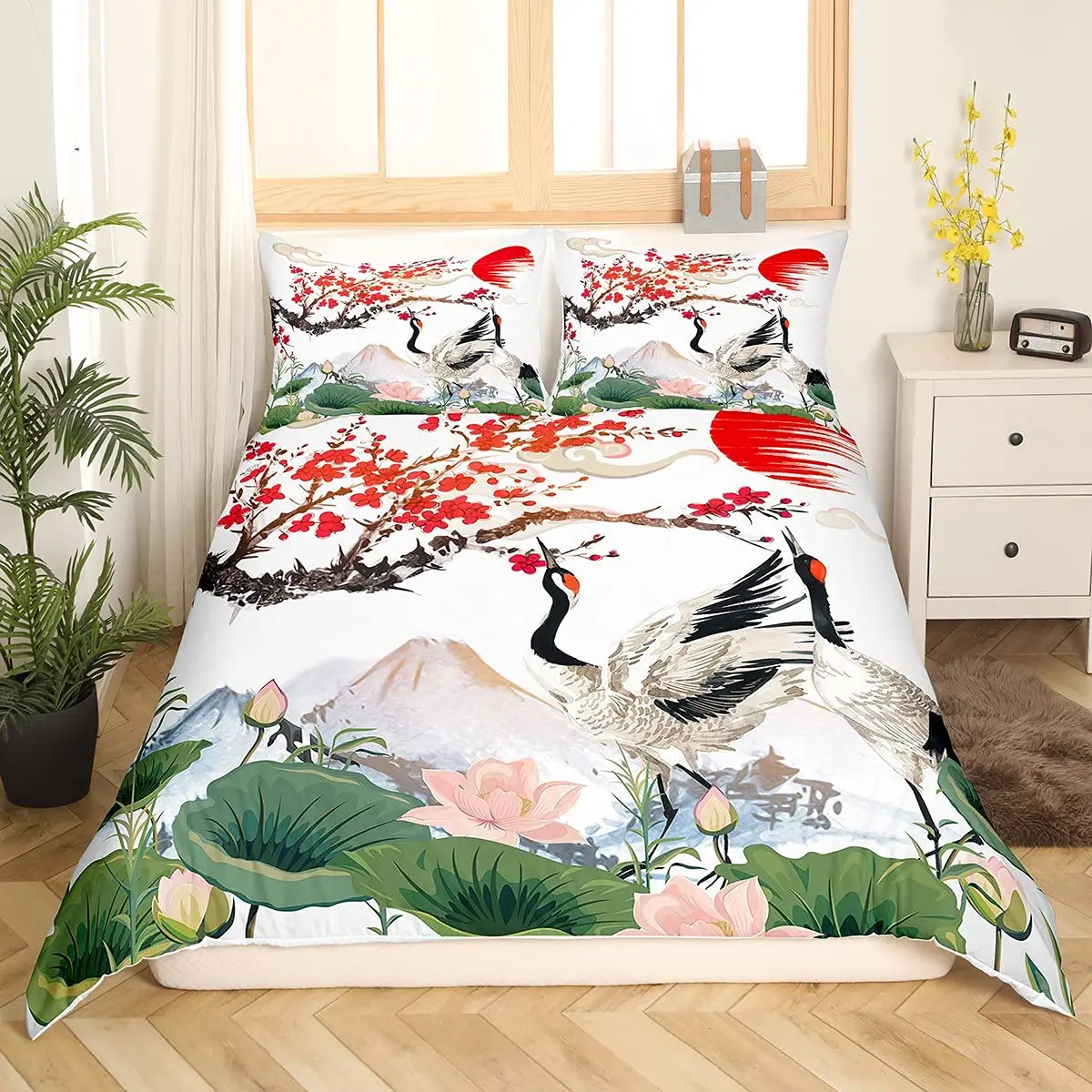 

Crane Bedding Set Girl Cherry Blooming Fuji Mountain Sun Duvet Cover Kids Women Lotus Floral Comforter Cover Watercolor Decor