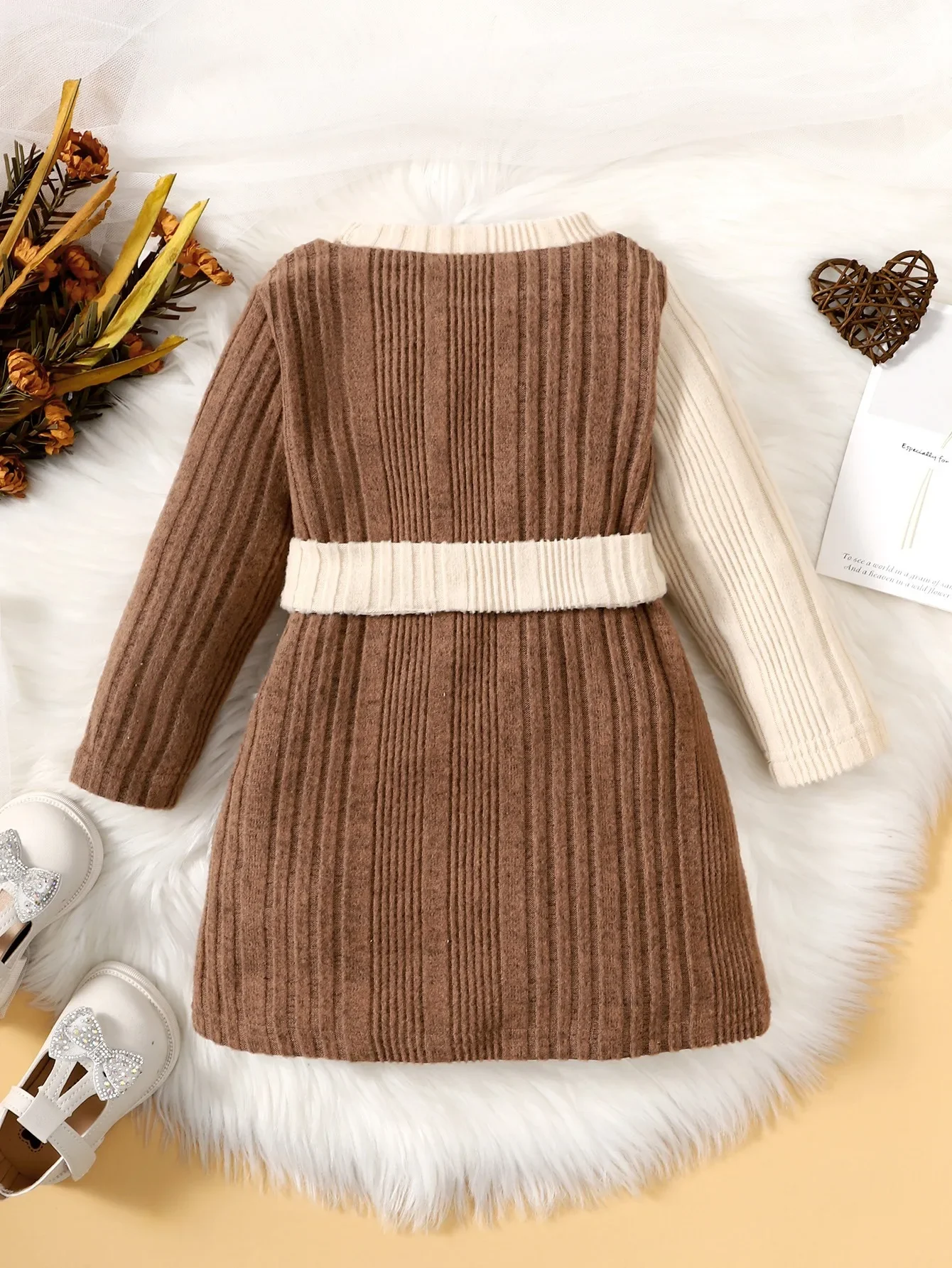 Infant Girl Dress Long Sleeve Color Block with Belt Skirt Autumn and Winter Knit Dress Party Costumes For Toddler Girl 0-3 Years