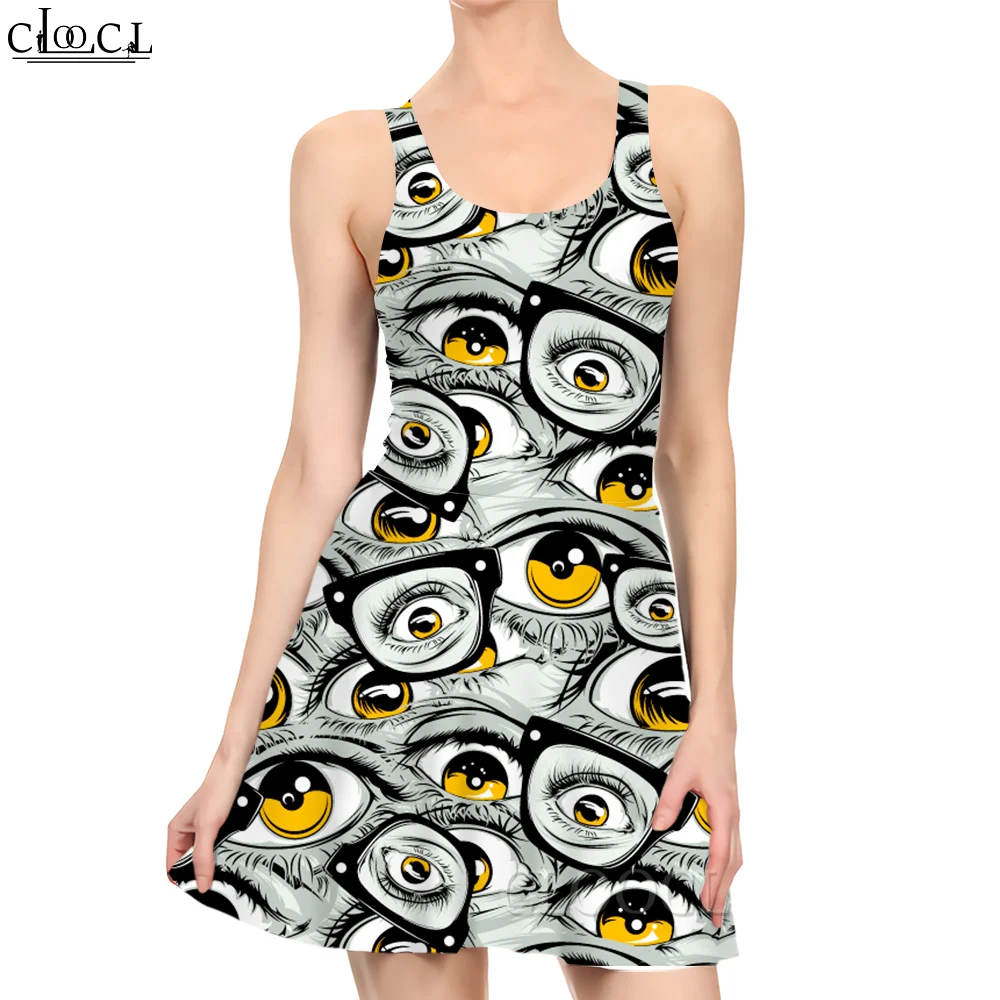 CLOOCL Short Dress Sleeveless Upper Body Tight and Lower Body Loose Mini Dress Art Strange Glasses Eye Printed Princess Dress