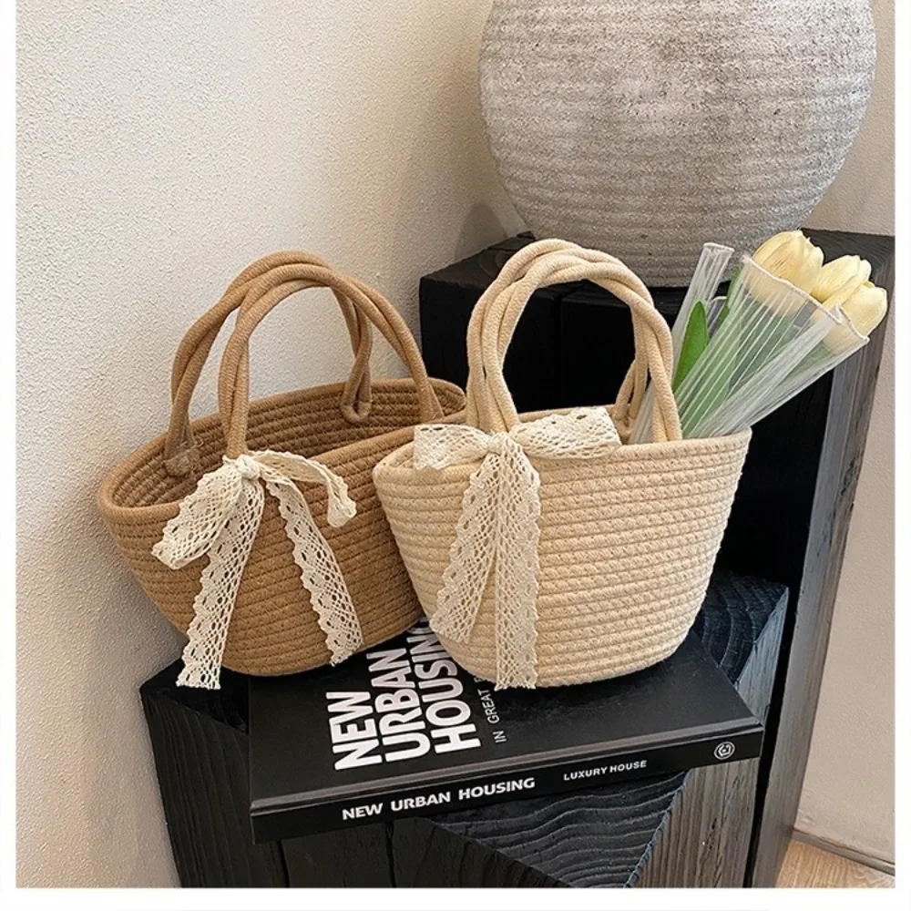 Cotton Thread Woven Cotton Rope Woven Bag Lightweight Boho Storage Basket Bucket Shape Pure Color Handbag Resort Wear