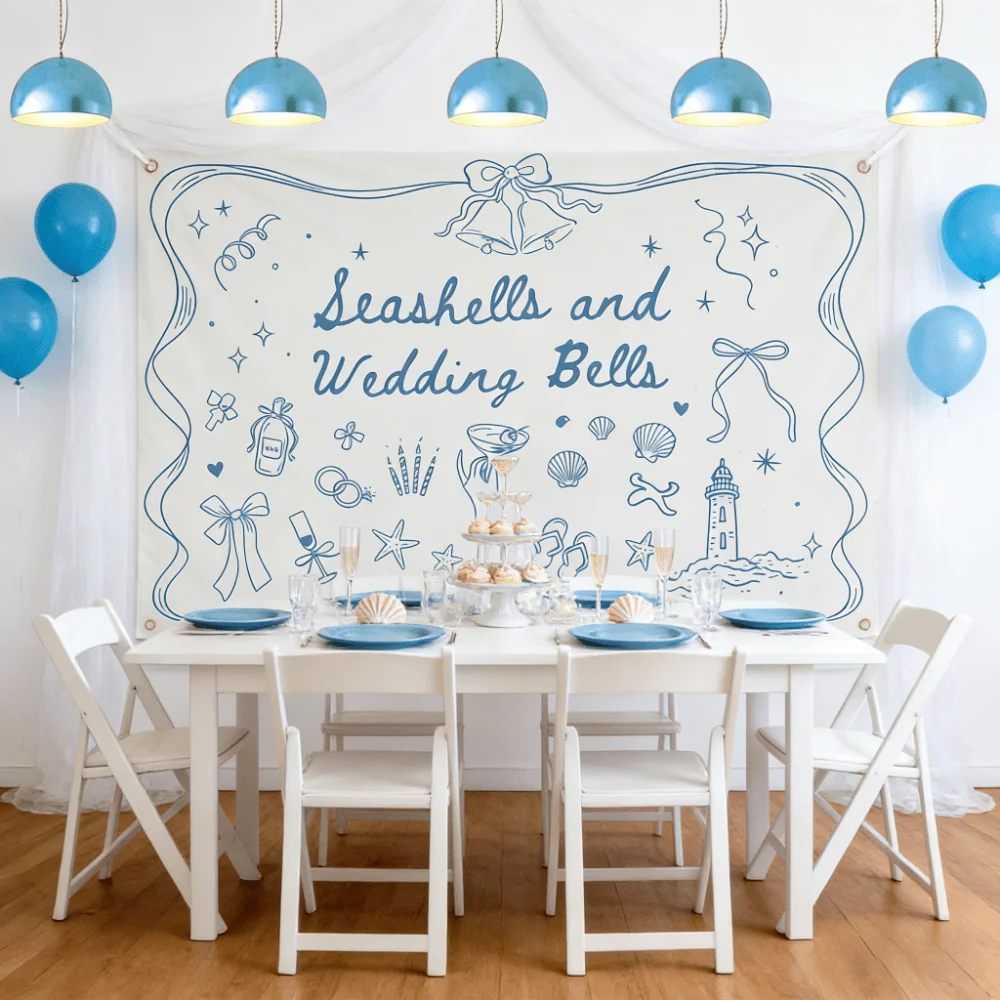 1pc Seashells And Wedding Bells Backdrop Banner Tapestry-Green Coastal Bachelorette Party Decoration Last Toast On The Coast