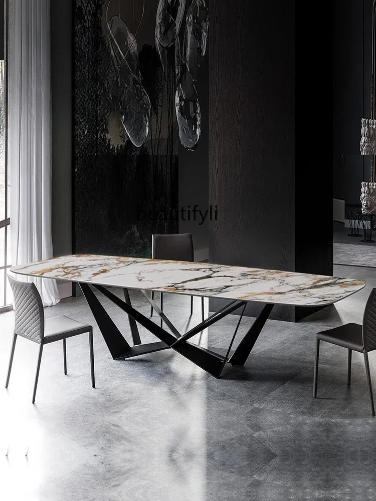 

Italian light luxury dining table rectangular designer creative imported rock slab dining table and chair combination9344