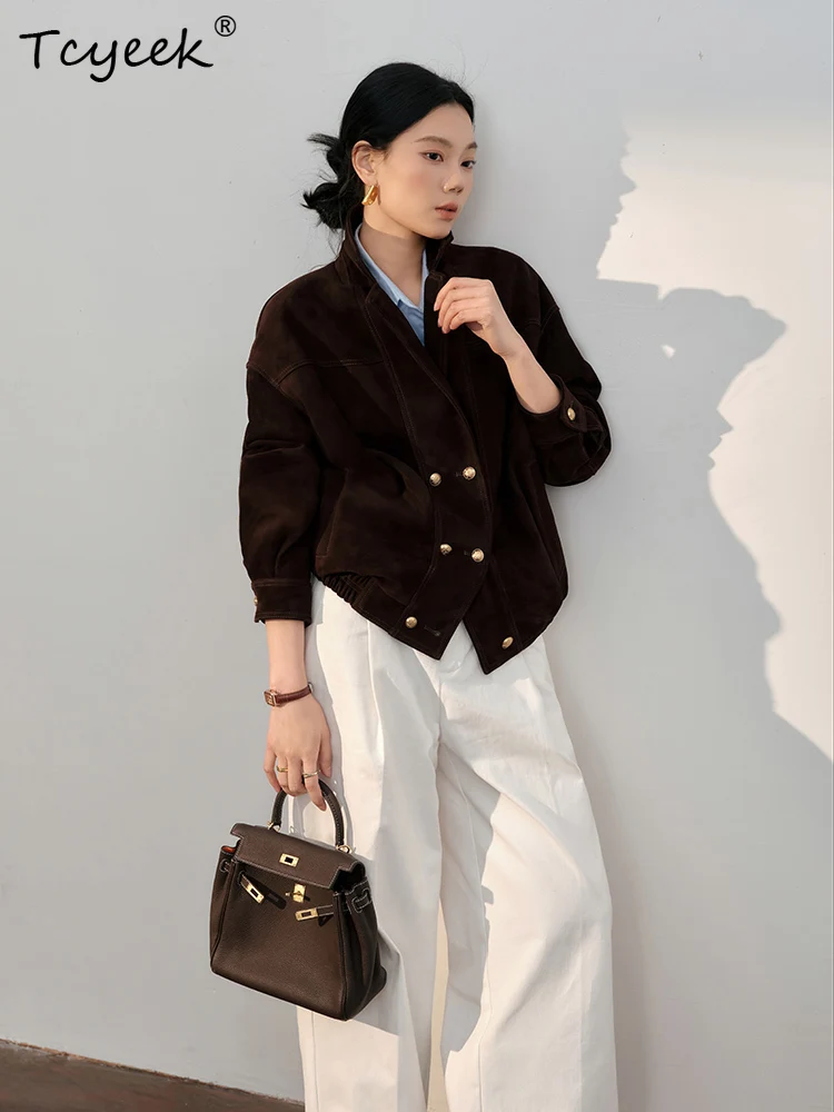 Tcyeek Schaffell Frühling Herbst High-End Trendy Anzug Kragen Wildleder Braun Damen Echtlederjacke Ж Ett Bydyddydd Mohamed