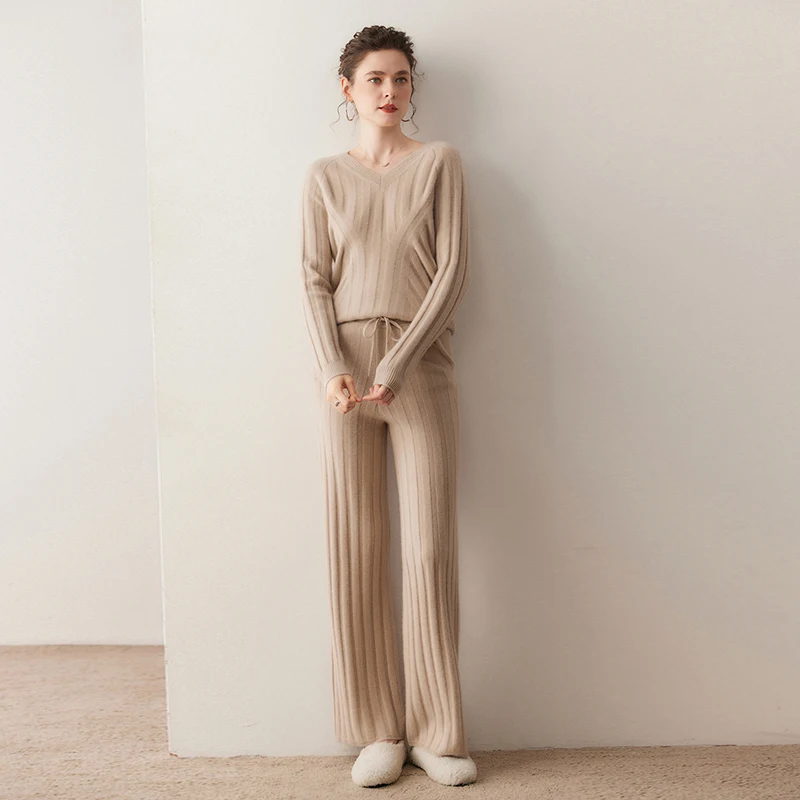 100% Cashmere Women's V-Neck Sweater And High-Waisted Draped Straight-Leg Pants Set Ribbed Knitwear for Spring And Autumn