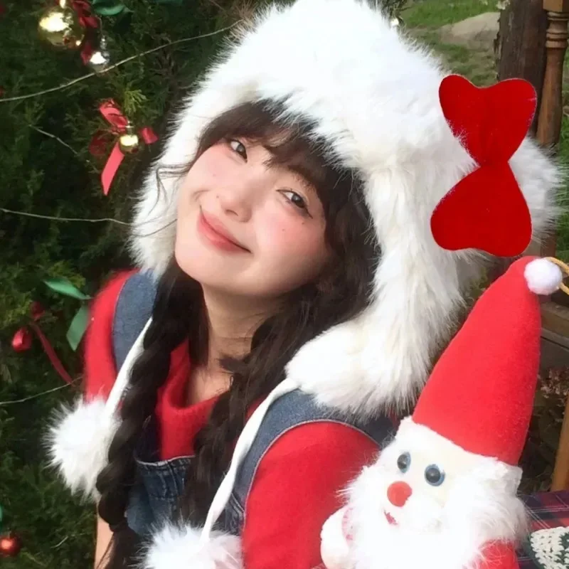 الكورية الخريف الشتاء لطيف القط الأبيض الأحمر القوس أفخم قبعة الفتيات موضة القبعات الدافئة المضادة للتجميد قبعات الأذن في الهواء الطلق للنساء هدايا #6