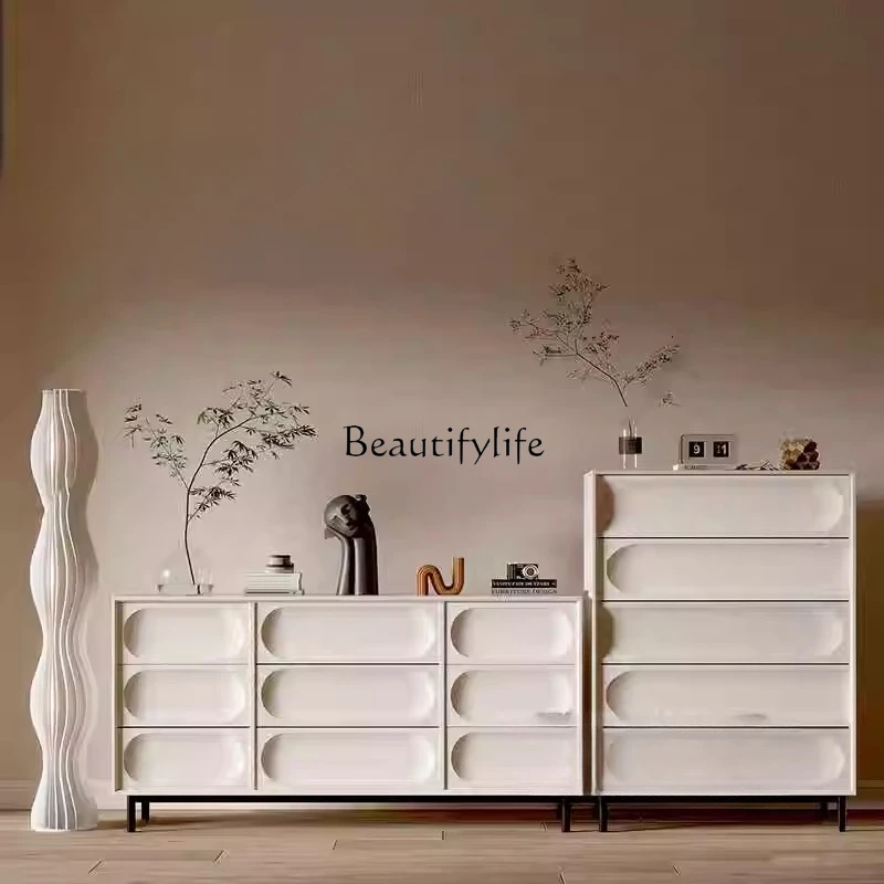 

French cream style dining side cabinet simple multi-functional storage white solid wood storage entrance cabinet