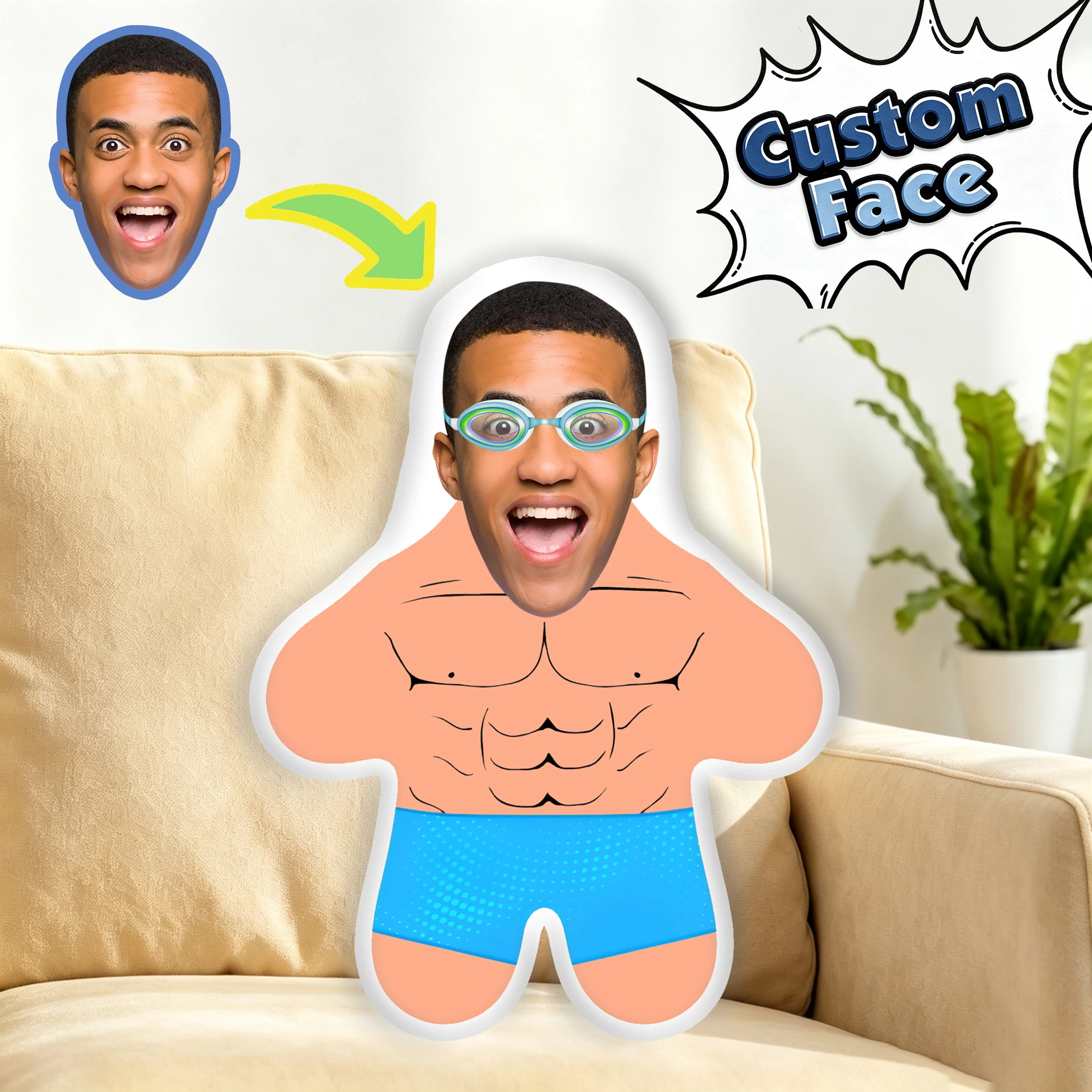 Customized Men's Professional Swimmer Face Stuffed Throw Pillow  Velvet Pillows and Cushions Funny Cushion for Bedroom Bed