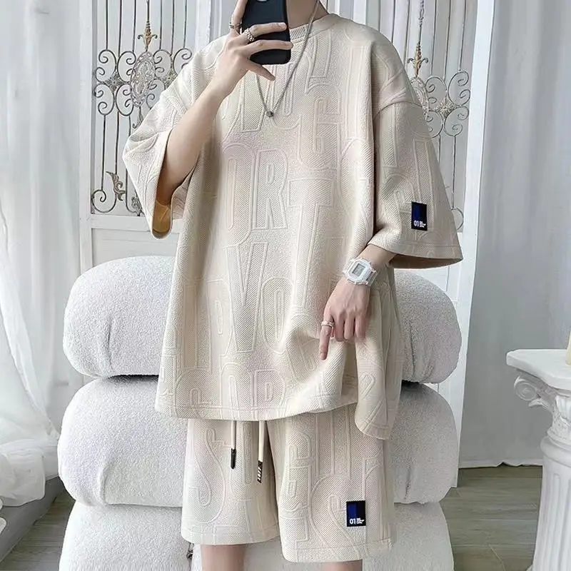 

2026 3D Men's New Waffle Shorts Sets Summer Suit Casual T-shirt + Shorts Suit Men's Tracksuit Solid Color Tracksuits Loose Suits