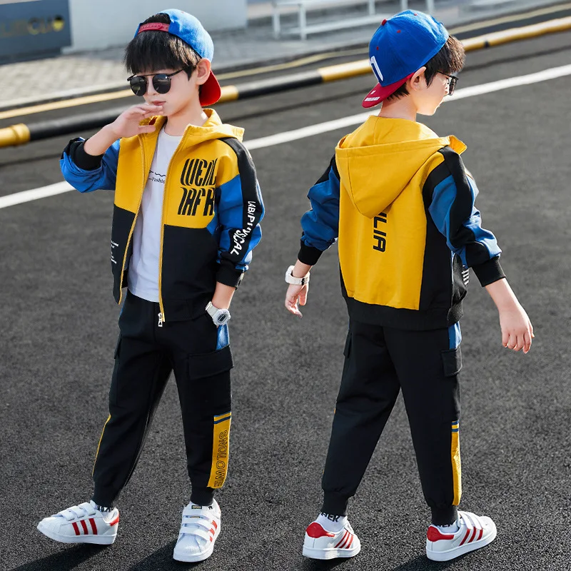 2025 spring winter Tracksuit Clothes Boys Teenager Kids zipper splicing Child set jacket hooded + striped Pant 8 9 10 11 12 year