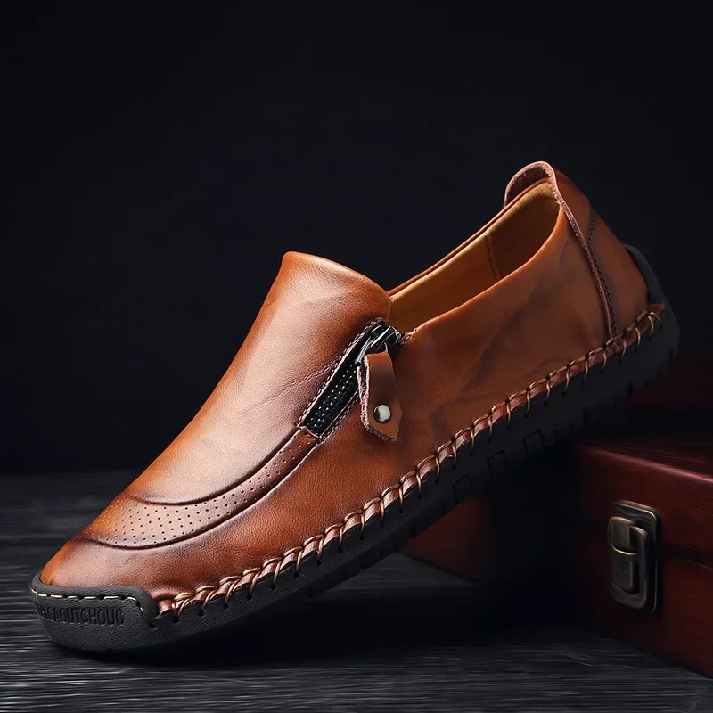 Chaussures en cuir faites à la main pour hommes, mocassins décontractés à enfiler, chaussures plates respirantes, mocassins d'outillage, grande taille, offre spéciale