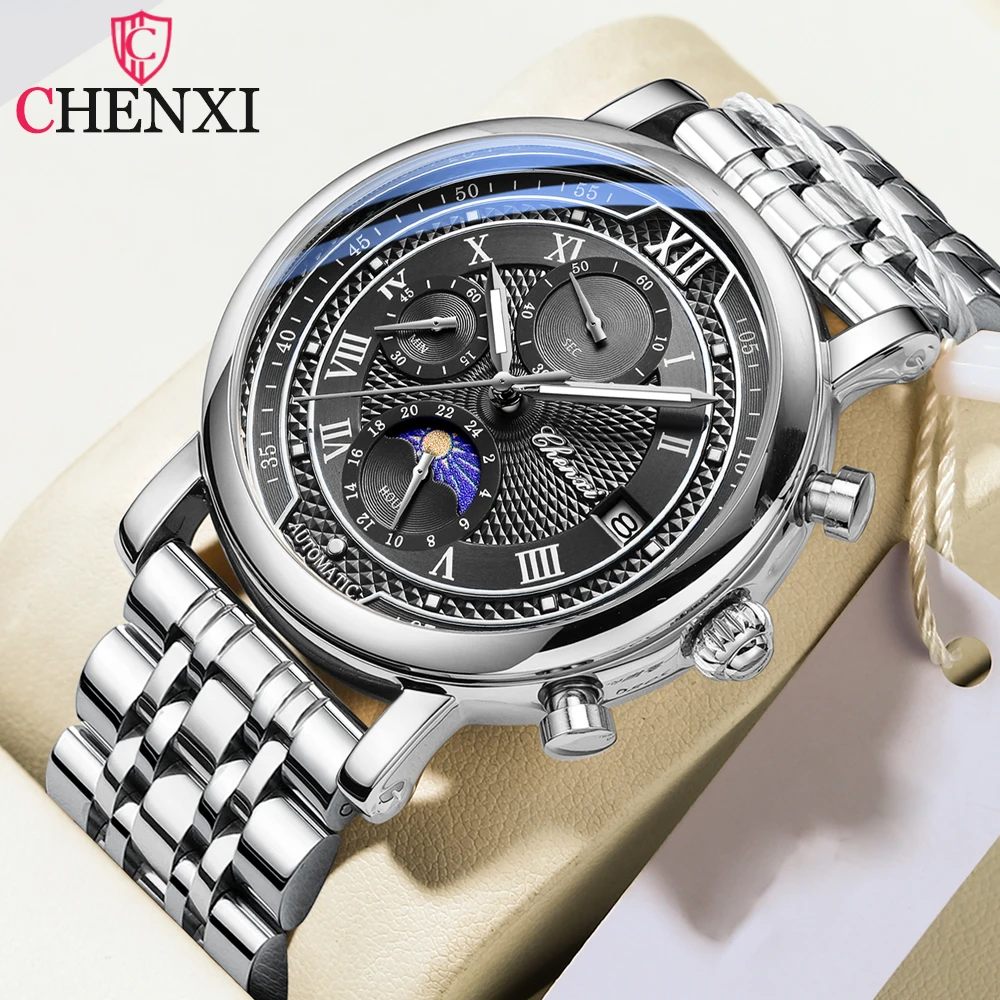 

CHENXI Luxury Business Men Watch Luminous Waterproof Moon Phase Chronograph Quartz Stainless Steel Date Fashion Wristwatch