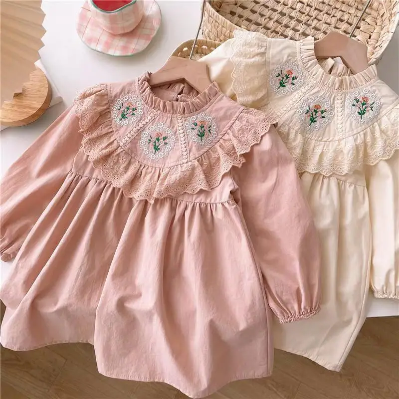 

Girls' Dress Spring and Autumn bBaby lLong sleeved Fungus Edge Pink Dress Fashionable Children's Princess Dress