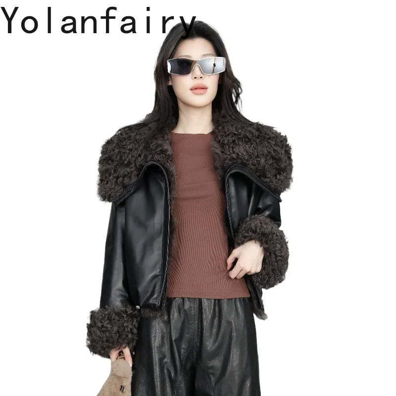 

YOLANFAIRY Winter Genuine Sheepskin Leather Down Jacket Women Real Leather Warm Puffer Coat Natural Curly Lamb Fur Collar abrigo