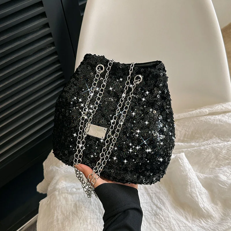 

Sequin Drawstring Bucket Bags Fashionable Trendy Personalized Chain Summer New Trend Texture Single Shoulder Crossbody Bag