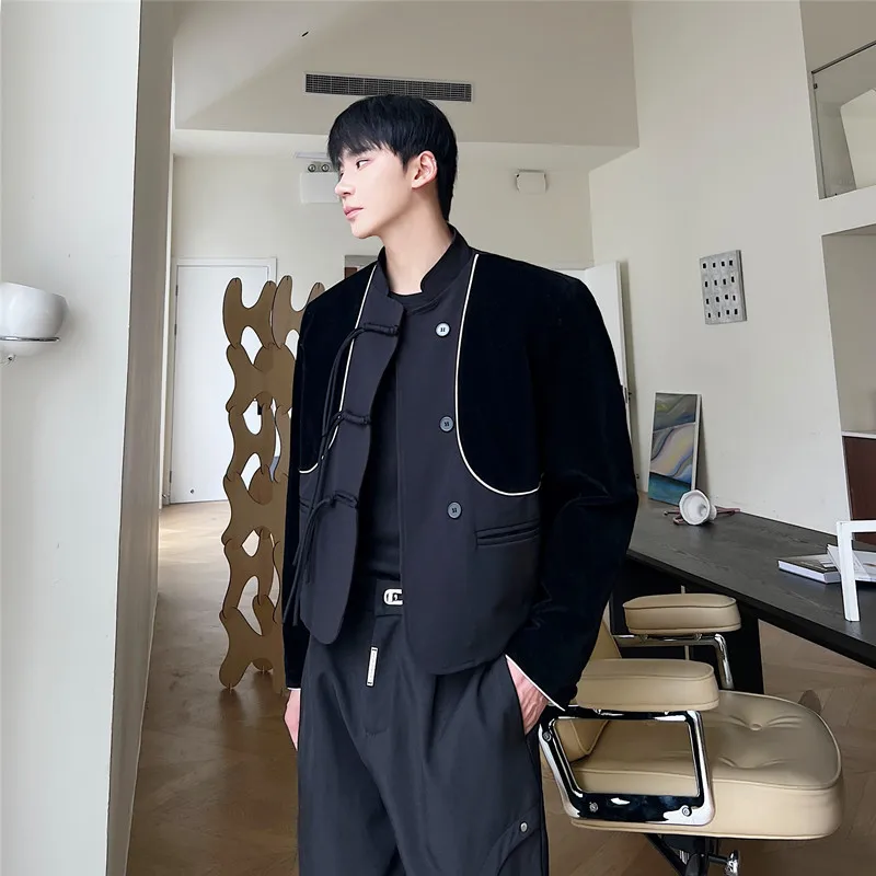 

Velvet Patchwork Stand Collar Men's Jaet Autumn Winter New Sle Button up Long Sve Loose Fit Casual Faion Trendy