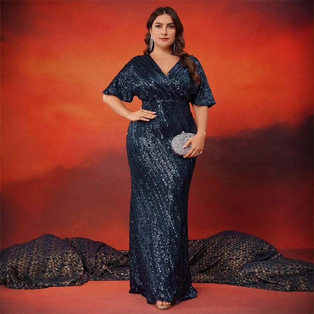 Middle East Large Size Gorgeous Sequin Short-Sleeved Dinner Dress Elegant Graceful Fishtail Party Ceremony Cocktail Dress