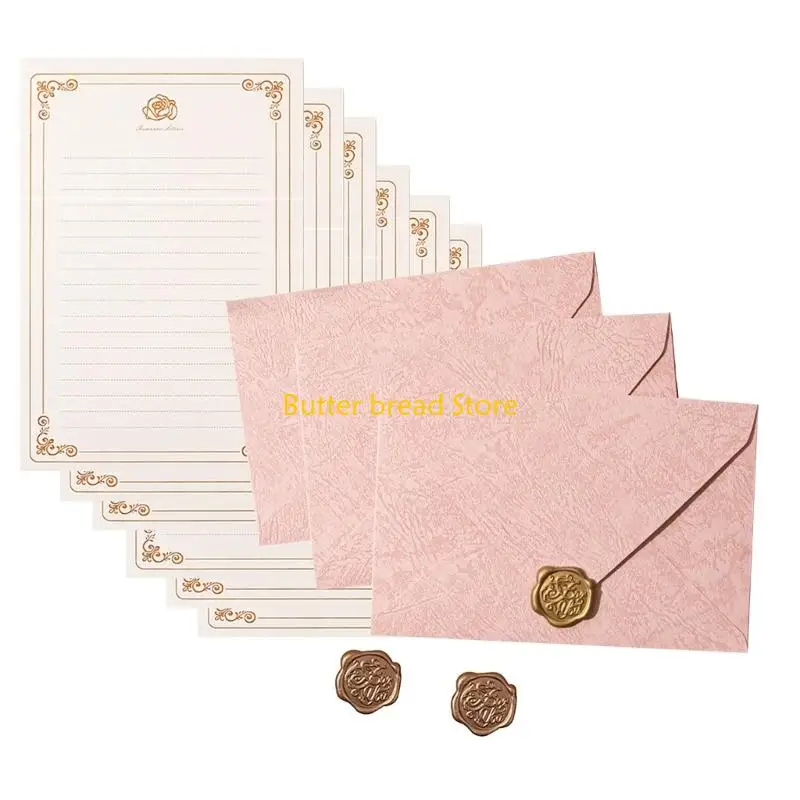 W89C 6Pcs Writting Paper Letter Set with 3 Matching Envelopes 3 Seal Stamp Sticker