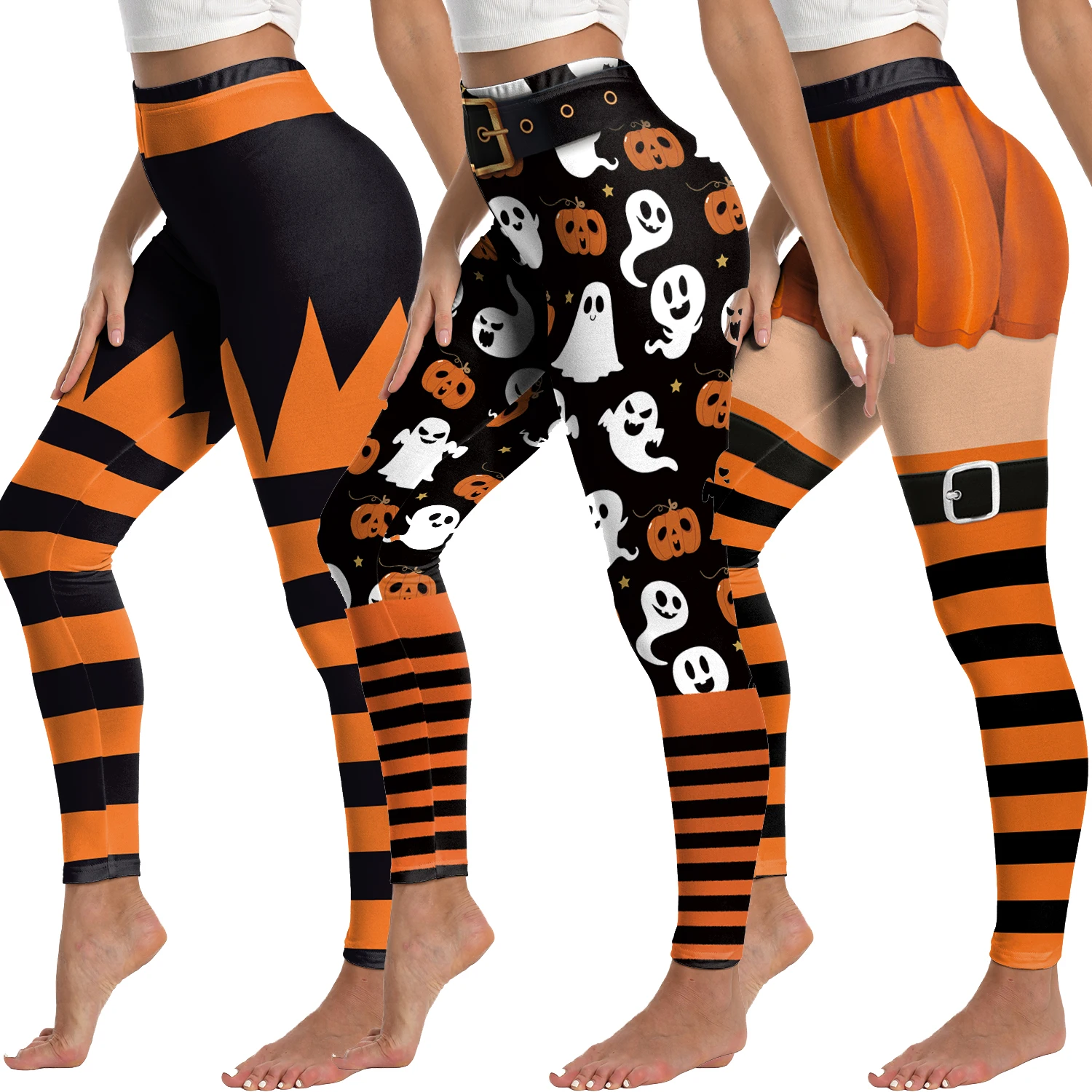 

[You're My Secret] Halloween Punk Women Striped Leggings Pumpkin Ghost Print Fitness Ankle Pants Stretch Slim Leggings