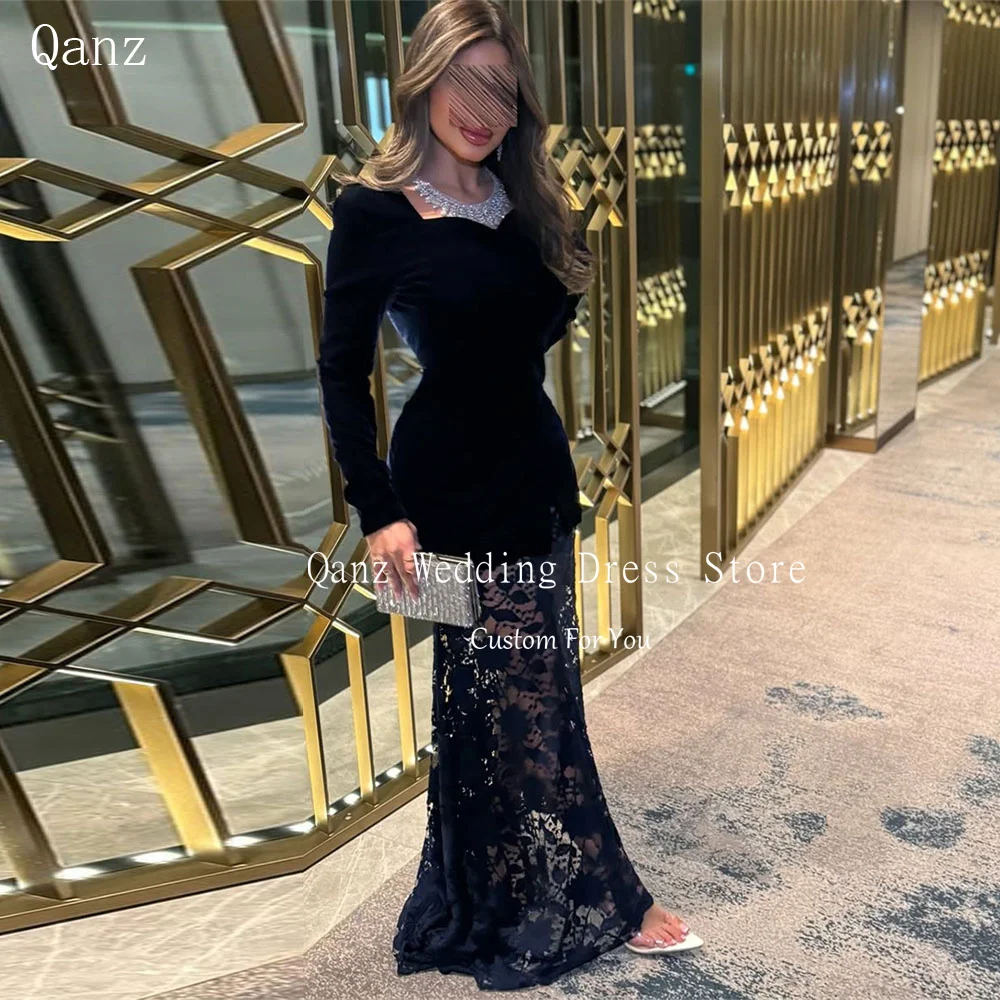 Qanz Black Velvet Prom Dresses Mermaid Long Sleeves Lace Abendkleider Dubai Illusion Vestidos Para Ocasiones Formales Customized