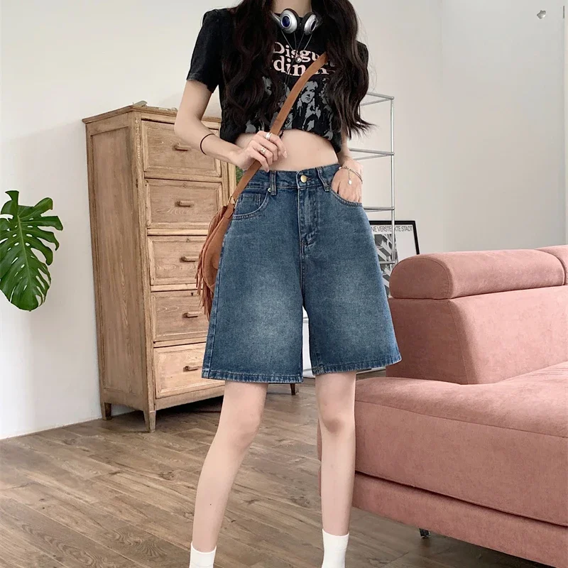 Y2k celana pendek longgar wanita celana Denim kaki lebar biru Vintage musim panas wanita celana pendek Fashion Korea kasual wanita panjang selutut Jeans Mujer