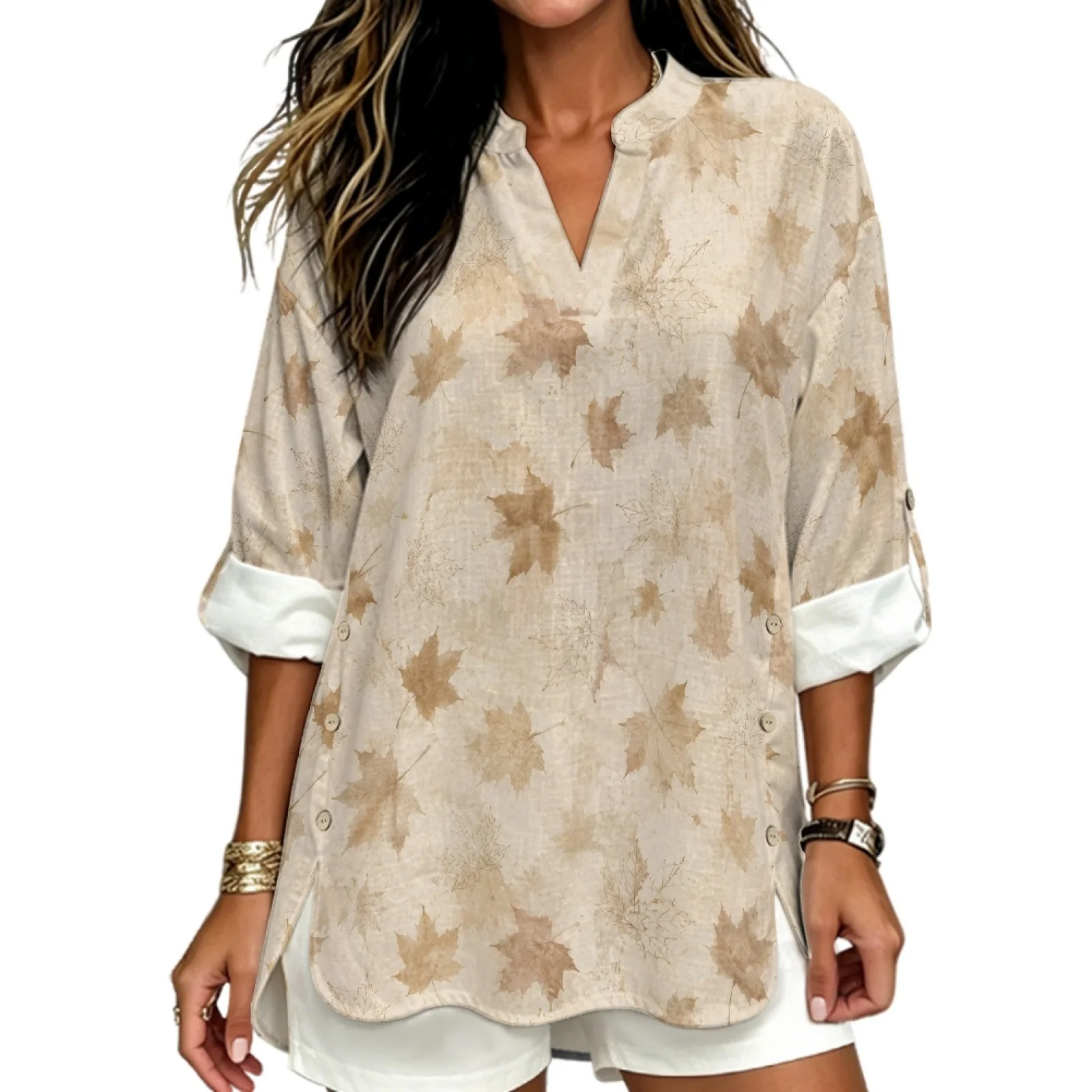 PENSTROLL Breathable Linen Like Long Sleeve Blouse Lightweight Long Sleeve V Neck Blouse for Travel Maple Leaf Print