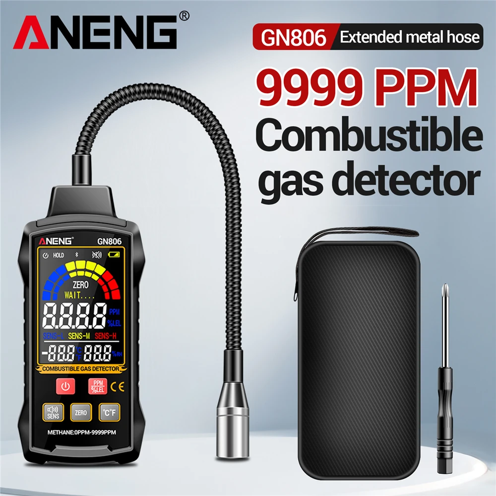 

Gas Leak Detector Analyzer ANENG GN806 Methane Flammable 9999PPM 20% LEL Combustible Natural Tester LCD Screen Sound Light Alarm