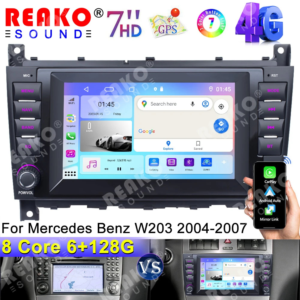 REAKOSOUND 7 inch Car Radio 2 din Android 13 Stereo Multimedia Video Player for Mercedes Benz W203 Navigation GPS Carplay 4G DSP