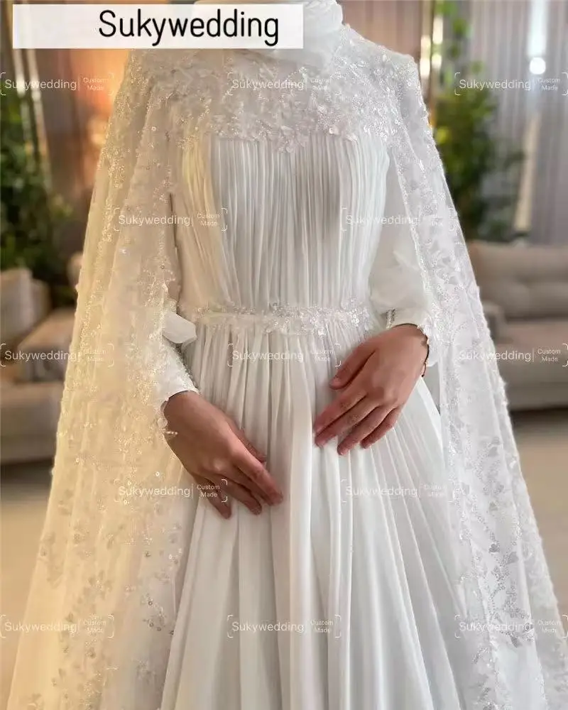 ใหม่มุสลิมชุดแต่งงาน Cape Appliques ลูกไม้แขนยาวชีฟองลูกปัดคอชุดเจ้าสาว Robe De Mariée ที่กําหนดเอง