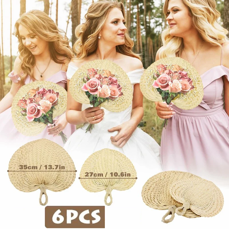 E2 6Pcs Portable Fans mini Raffia Hand Wedding Fans Handmade Weaving Fan Farmhouse Home Wall Decoration Summer Cooling Supplies