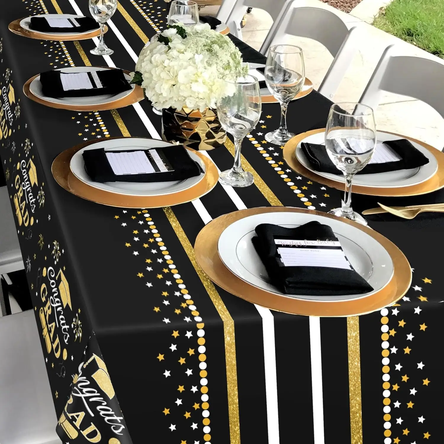مفرش مائدة للتخرج باللونين الأسود والذهبي ، مبروك غراد مستلزمات حفلات للاستعمال مرة واحدة ، بلاستيك مستطيل ، 54x "، 3 عبوات