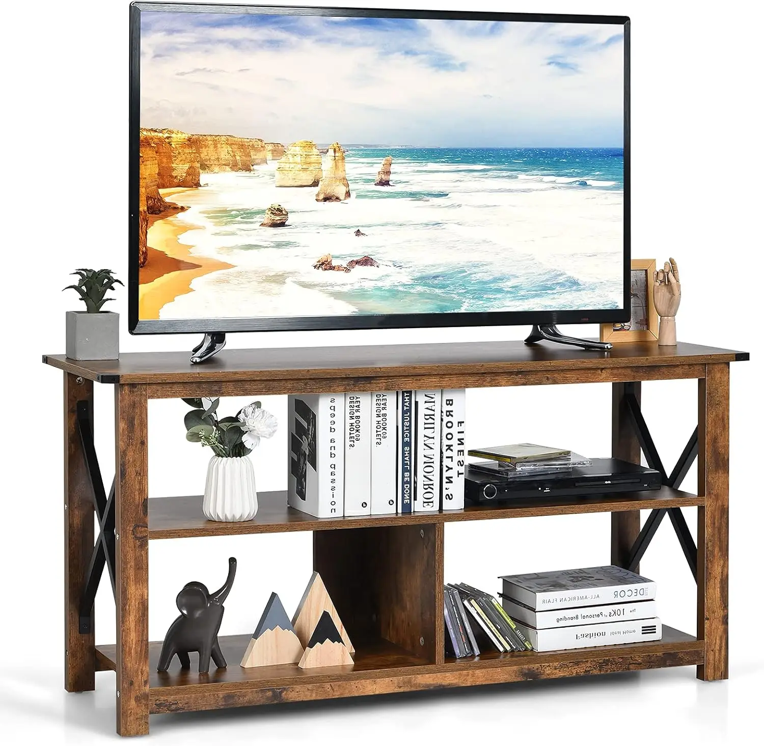 Wood TV Stand with Open Shelves and X-Shaped Frame, 3 Tier Entertainment Center for 55-Inch TV, Farmhouse TV Console Table Brown