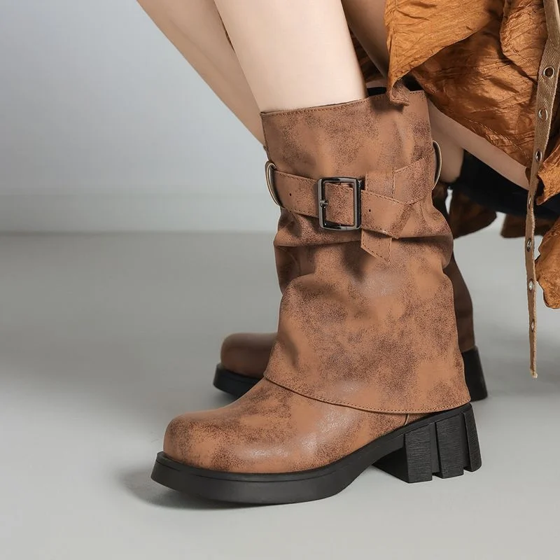 

ORCHA LISA 2025 New Retro Women Mid Calf Boots 4cm Block Heels Round Toe Slip-On Belt Buckle Shoes Plus Size 43 Daily Bota