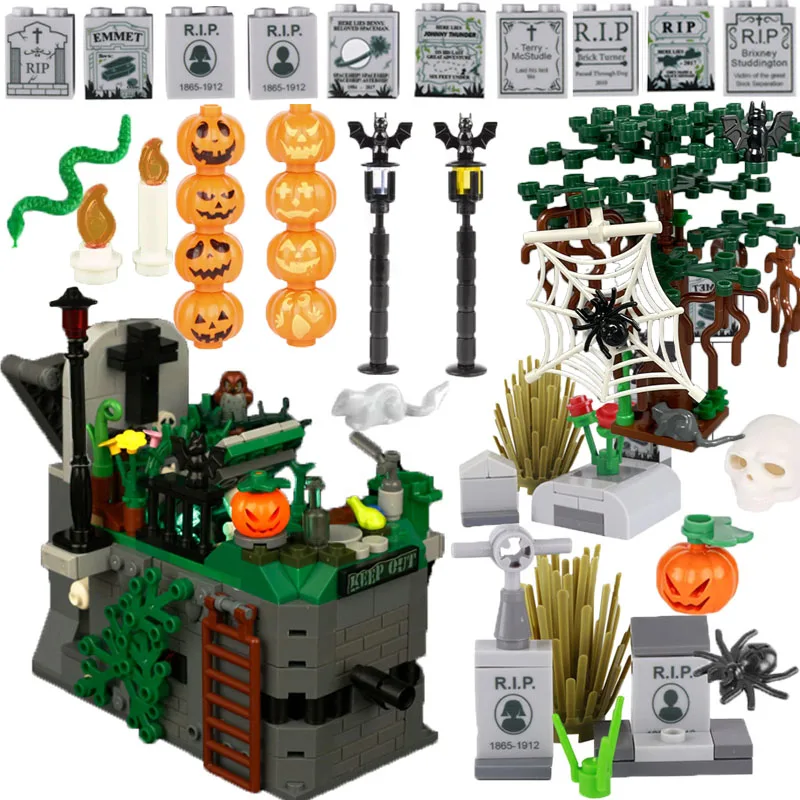 Halloween City Building Blocks Accessories Set Character Scene Tombstone Cemetery Model Toy Plant Mouse Bat Mini Brick Gift K043