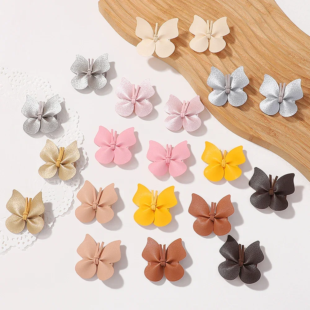 

2Pcs/lot New Fashion Butterfly Hair Clips for Girl Leather Handmade Hairpins PU Hairgripes Solid Color Children Hair Accessories